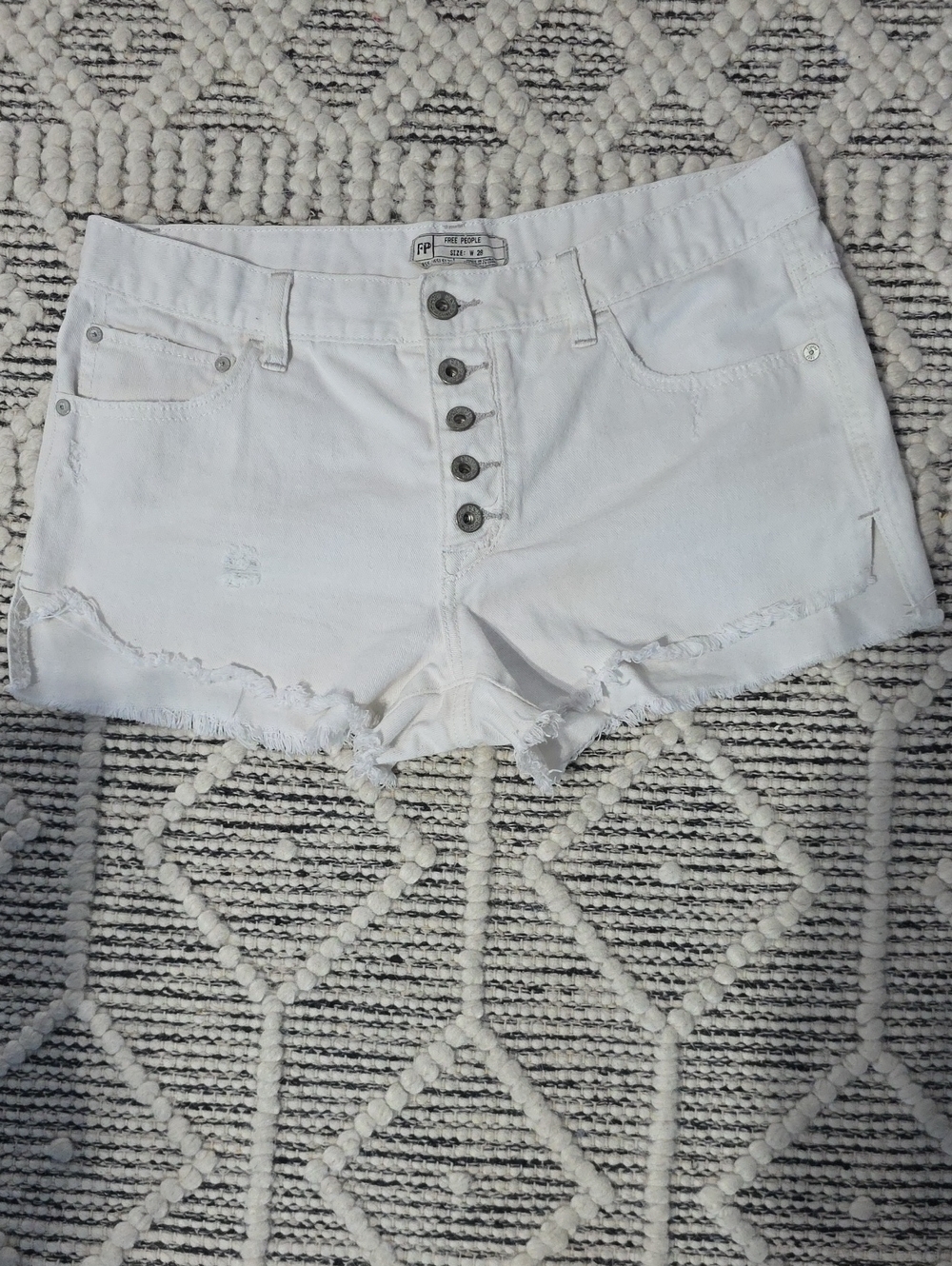 Free People White Button-Fly Frayed Denim Shorts